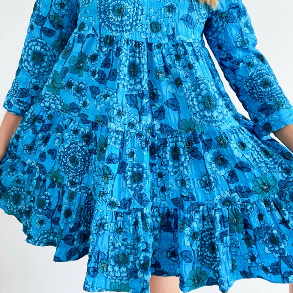 Zara Blue Floral Tiered Mini Dress Size S Boho Flowy Babydoll